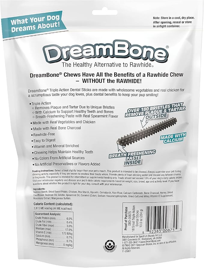 DreamBone Triple Action Dental Sticks Charcoal, 18 Count, Rawhide-Free Chews for Small and Medium Sized Dogs Freshens Breath (Pack of 2)