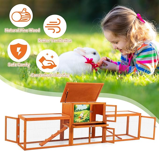 COZIWOW Large Wooden Rabbit Hutch Outdoor Indoor, 94.5" L 2-Level Bunny Cage for 2 or More Small Animals with Removable Tray & Multiple Entrances (Orange)