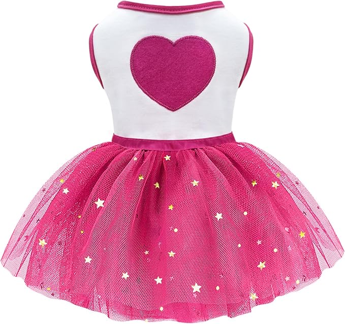 Idepet Spring Summer Pet Dog Cat Puppy Tutu Princess Dress Heart Printed Lace Dog Skirt Pet Apparel Dog Dress (Rose Red, L)
