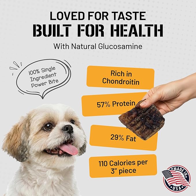 Dog Chits Bison Trachea Dog Treats - 100% Single Ingredient, High Protein, Lower Fat - Glucosamine for Joint Support - Dental-Clean Crunch - Gentler on Digestion Than Beef - 2-3 inch, 8 oz