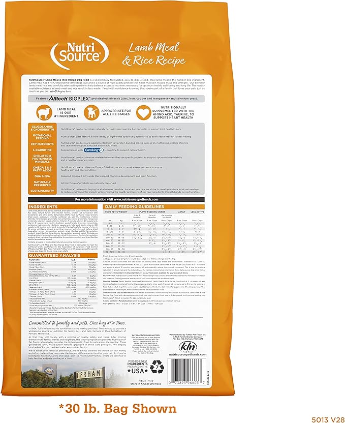 NutriSource Adult Dog Food, Made with Lamb & Rice, with Wholesome Grains, 15LB, Dry Dog Food