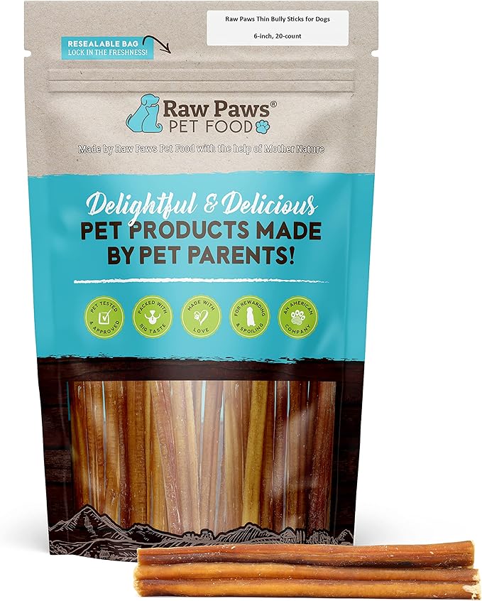 Raw Paws Thin Bully Sticks for Small Dogs, 6-Inch (20-Count) - Low Odor Bully Chews for Puppies - Free-Range Pizzle Sticks for Dogs - Single Ingredient Dog Chews - Rawhide Alternative - Long Lasting