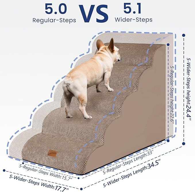 GoGoBunny Ramp Dog Stairs for High Beds 24.4" H, 5-Step Extra Wide Dog Slope Stairs with Durable Waterproof Fabric Cover, Pet Steps for Old Large Dogs Climbing, Non-Slip Sturdy Indoor Step, Camel