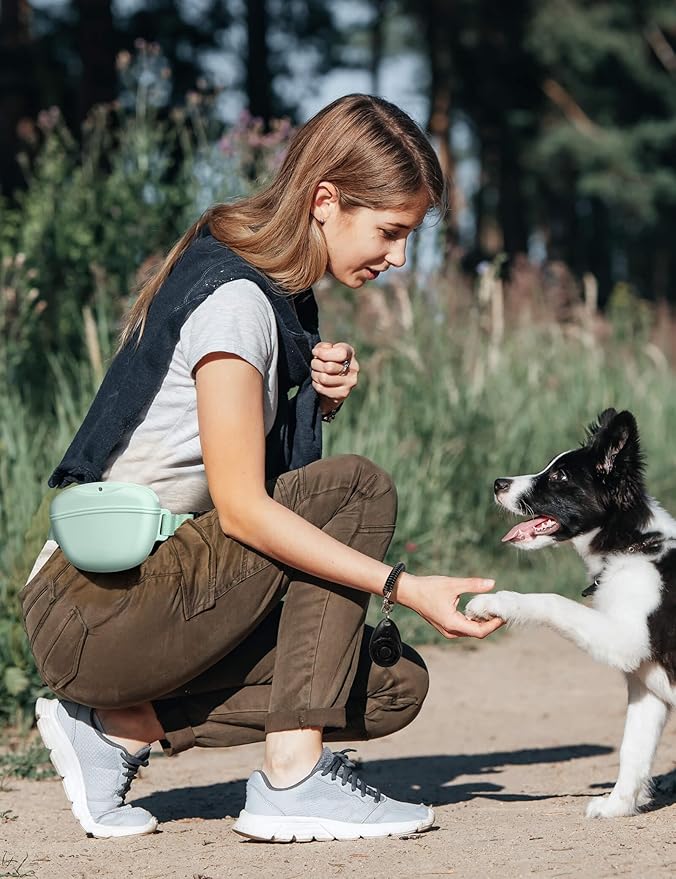 Dog Treat Pouch with Training Clicker, Upgrade Stronger Magnetic Closure to Avoid Spilling, 1.67 Cup Silicone Treat Bag Fanny Pack with Waist Belt for Pet Training Walking (Green)