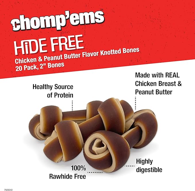 CHOMP 'EMS Chicken & Peanut Butter Hide Free Dog Chews - Rawhide Free Dog Treats - No Hide Alternative Chew Treat for All Life Stages, Bones, 2", 20 Count
