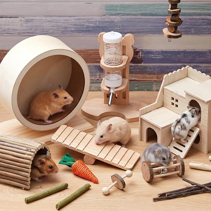 18 Pcs Hamster Cage Accessories, Silent Hamster Wheel, 15 Chew Toys Set, Maze Wood House and Water Bottle Set for Rat Mice Small Animals Habitat (Harmony Wooden Style)
