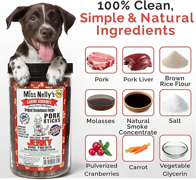 Miss Nelly's- All Natural Pork Jerky Dog Treats Made in USA Only-Original Smoke House Recipe-Minimally Processed Soft Sticks Dog Jerky Treats-32 oz. Bags