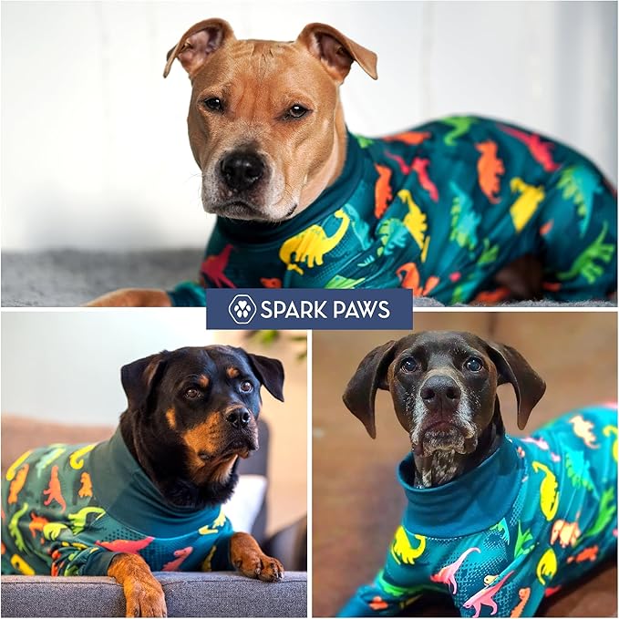 Spark Paws Dog Pajama, Dog Recovery Suit Male, Onesie, Ultra-Soft and 4-Way Stretch, for Small Medium and Large Breeds - Dinosaurs - XL