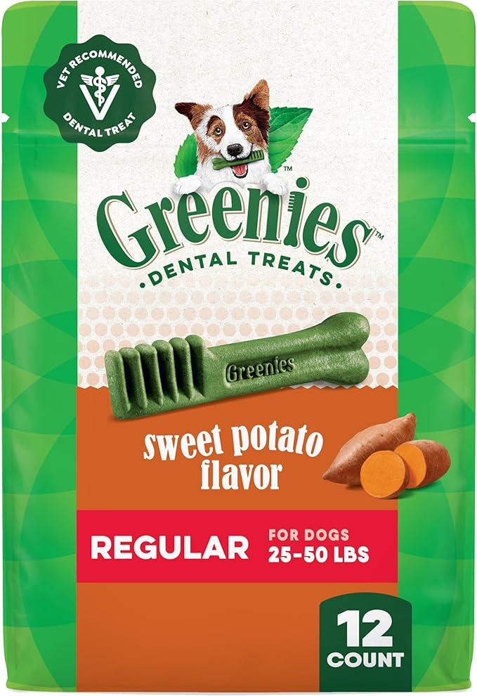 Greenies Veterinarian-Recommended Natural Dental Dog Treats, Dental Chews for Dogs, Regular Size, Sweet Potato Flavor, 12 oz. Pack, 12 Count