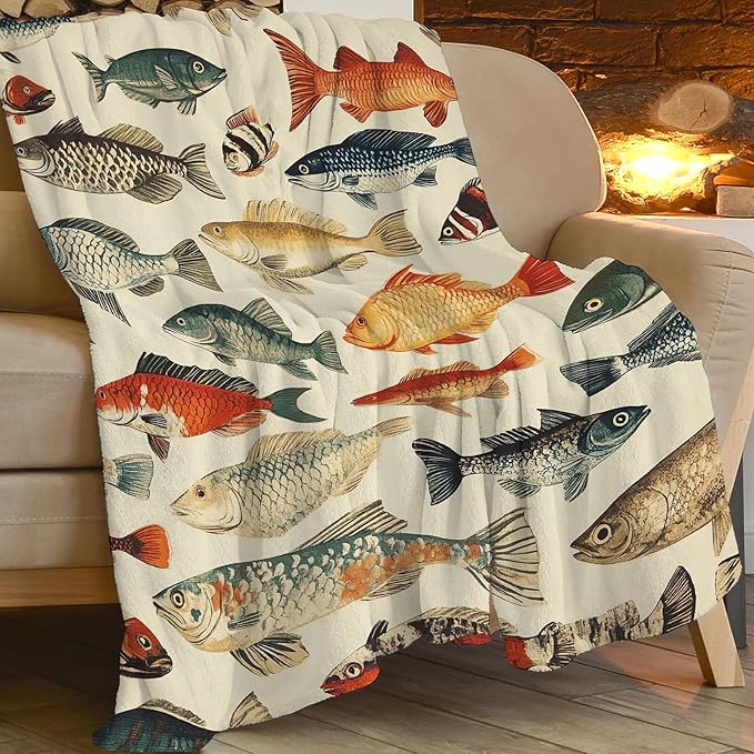 Fish Throw Blanket Fish Gifts for Kids Girls Boys Adults Women Men Soft Cozy Warm Plush Fluffy Fuzzy Fleece Blanket Birthday Festival Decor 50''X60''