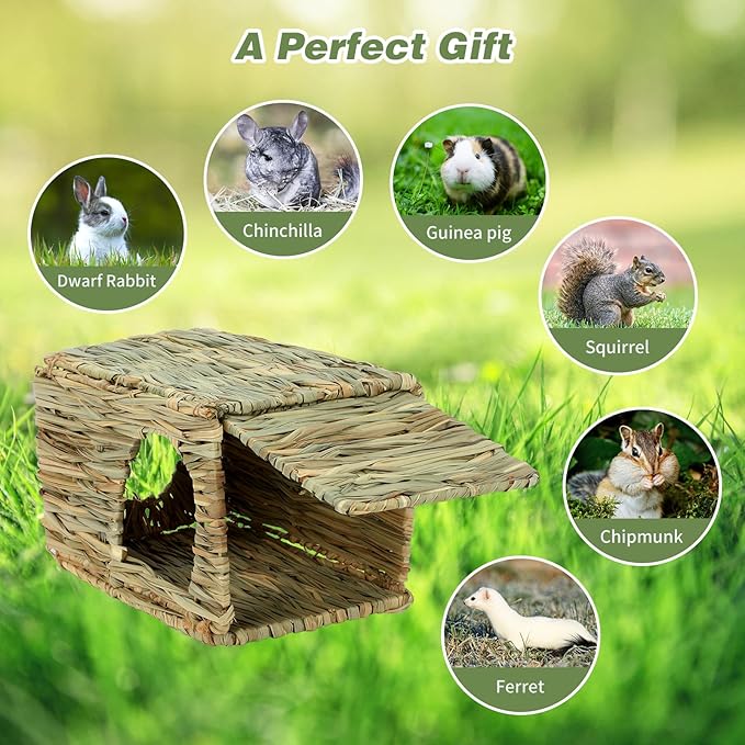 BWOGUE Large Bunny Grass House Natural Seagrass Bed Hideaway Toy Rabbit Hideout Hay Mat Chew Toys Guinea Pig Comfortable Hut for Bunny Hamster Chinchilla Small Animals