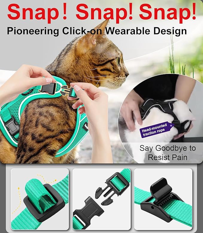 Cat Harness and Leash for Walking Escape Proof Soft Adjustable Cat Leash Breathable Comfortable Vest Easy to Wear Kitten Harness for Outdoor Travel (Emerald, S (7-12lb))
