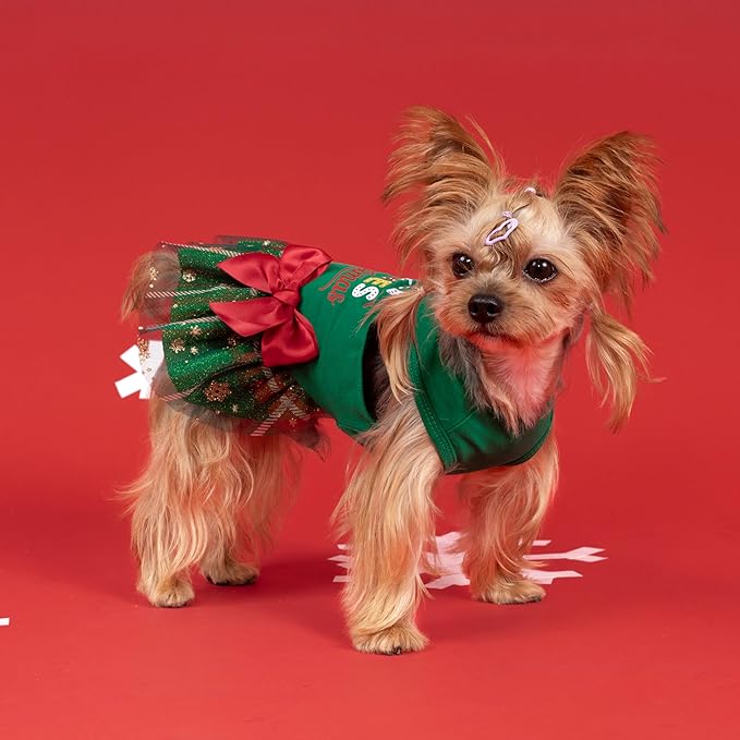 Fitwarm Just a Girl Who Loves Christmas Dog Tulle Dress, Funny Christmas Clothes for Small Dogs Girl, Holiday Pet Outfit, Red, White, Green, Yellow, XXS