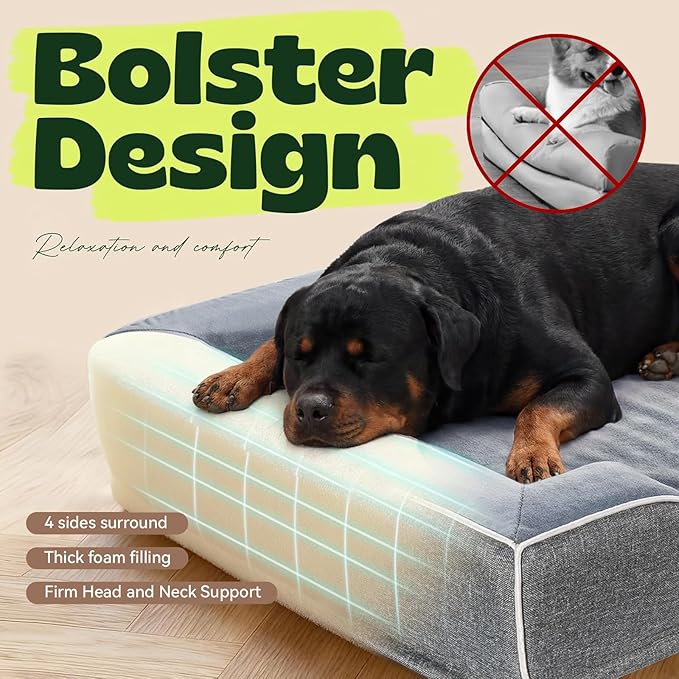 Cooling Orthopedic Dog Bed for Extra Large Dogs,Removable Washable Cover,Gel Memory Foam & Egg Crate Foam,Waterproof Joint Pain Relief 48"x30"x9.0",Dark Grey
