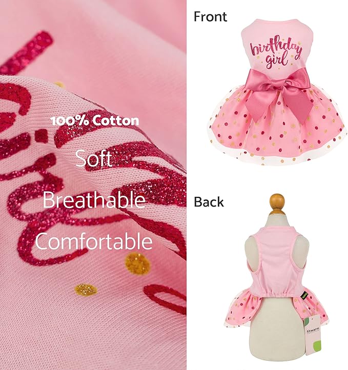 Fitwarm Birthday Girl Dog Tulle Dress, Dog Clothes for Small Dogs Girl, Cat Apparel, Pink, Medium