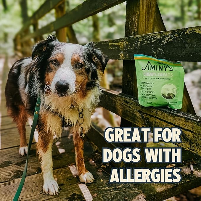 Jiminy's Chewy Cricket Dog Training Treats, Chewy, Low Calorie, Hypoallergenic, Made in USA, 6oz, Sweet Potato & Pea (Pack of 3)