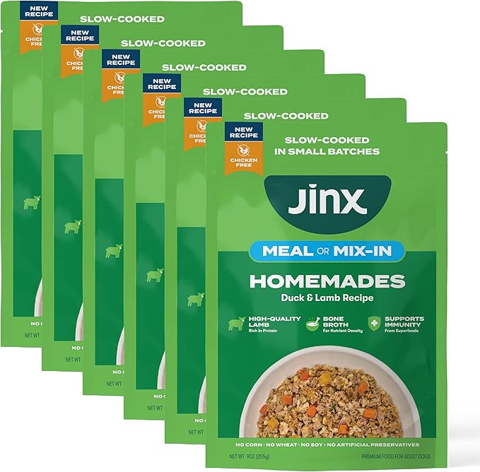 Jinx Wet Dog Food Pouches, Meal or Dog Food Topper Mix with Dry Dog Food, Made with Real Lamb & Duck, Bone Broth, No Fillers, Puppy, Adult, Senior, 9oz, 6 Pack