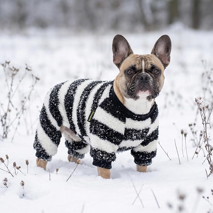 Fitwarm Fuzzy Striped Dog Pajamas, Winter Clothes for Small Dogs Girl Boy, Fleece Dog Onesie, Soft Pet PJS, Doggy Apparel, Black, White, XS