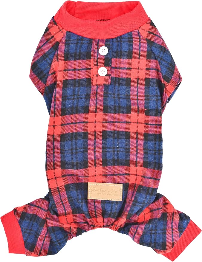 Parisian Pet Red Plaid Stretchable Dog Pajamas - Medium Size - Male Dogs - Cotton Polyester Blend - Machine Washable - Winter Warmth