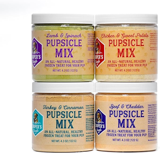 Cooper's Treats Pupsicle Mix Variety Pack - Four Jars of Frozen Dog Treat Mix (Beef and Cheddar, Chicken and Sweet Potato, Turkey and Cinnamon, Lamb and Spinach) - Dog Popsicle, Pup Ice Cream