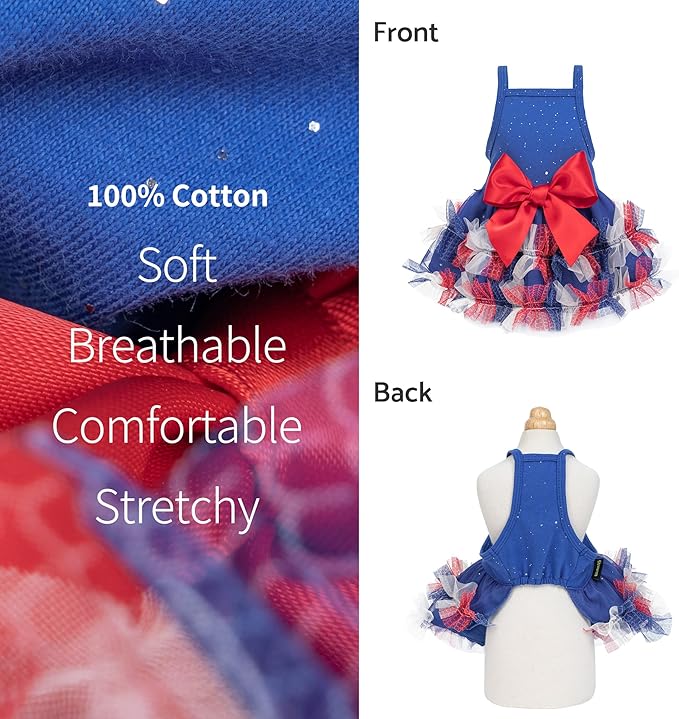 Fitwarm Patriotic Sparkly Tiered Dog Tutu Dress, 4th of July Outfit for Small Dogs Girl, Festive Pet Clothes, Red, White, Blue, XS