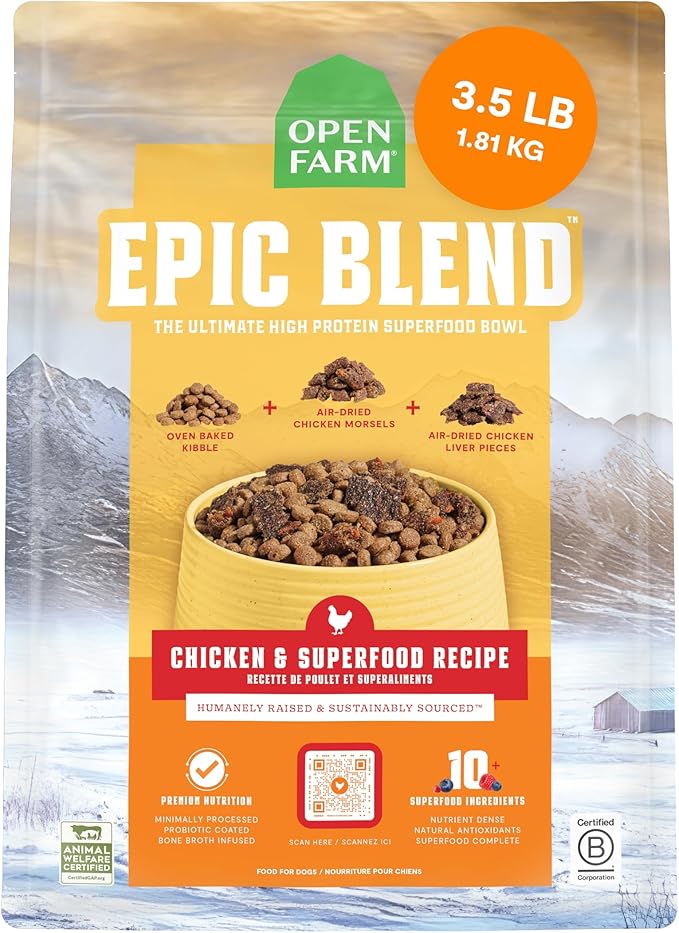 Open Farm, Epic Blend High Protein Dry Dog Food, Probiotic Coated & Bone Broth Infused Kibble with Air Dried Meat & Organs, Minimally Processed & Nutrient Dense, Chicken & Superfood Recipe, 3.5lb Bag