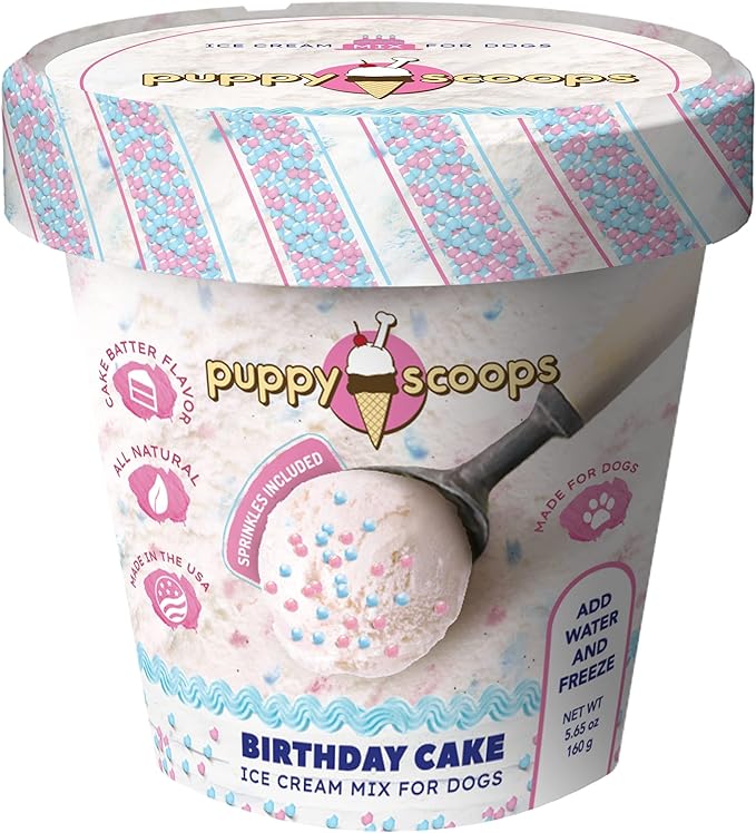 Puppy Scoops Dog Ice Cream Mix - Just Add Water and Freeze at Home, Powder Mix with Ice Cream Cup and Reusable Lid, (Birthday Cake with Pupfetti Sprinkles Flavor), 5.65 oz - Made in USA