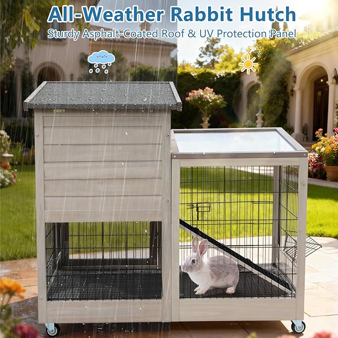 FunXplore 2-Tier Rabbit Hutch, Indoor & Outdoor Mobile Bunny Cage with Urine Guards, Weatherproof Asphalt Roof, 2 Pull Out Trays, Sturdy Small Animal Cage for Guinea Pig