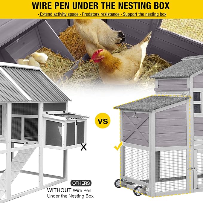 Aivituvin Chicken Coop Mobile Chicken House on Wheels Expandable Wooden Poultry Cage with Large Nesting Box Leakproof Pull-Out Tray Rabbit Hutch Bunny Cage,UV-Resistant Roof (Grey，AIR32)