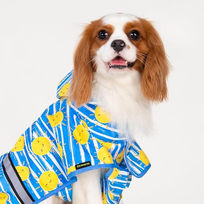 Fitwarm Stirped Sun Dog Raincoat, Waterproof Rain Jacket for Small Dogs Boy Girl, Reflective Puppy Poncho with Harness Hole, Packable, Adjustable, Blue, Yellow, White, XL