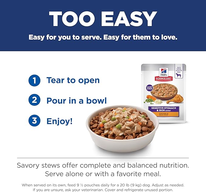 Hill's Science Diet Sensitive Stomach & Skin, Adult 1-6, Stomach & Skin Sensitivity Support, Wet Dog Food, Chicken & Rice Stew, 2.8 oz Pouch, Case of 24