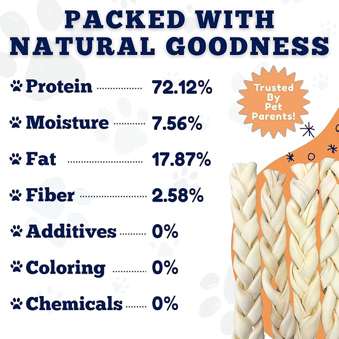 Amazing Dog Treats - Beef Cheek Braids Dog Chew (6 Inch - 50 Count) - NO Odor - Rawhide Alternative - Beef Cheek Slice Chip Sticks - No Dyes, Chemicals, or Preservatives