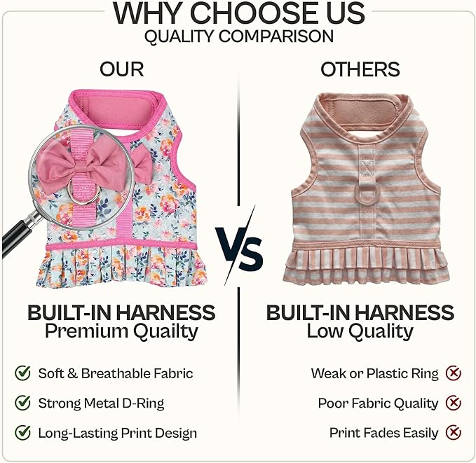 Parisian Pet Floral Dog Harness Dress - Breathable No Pull Puppy Dress with Pink Bow and Leash Ring - 100% Mesh Fabric Harnesses for Dogs - Soft Padded Step in Pet Vest - Dog Harness Medium Sized Dogs