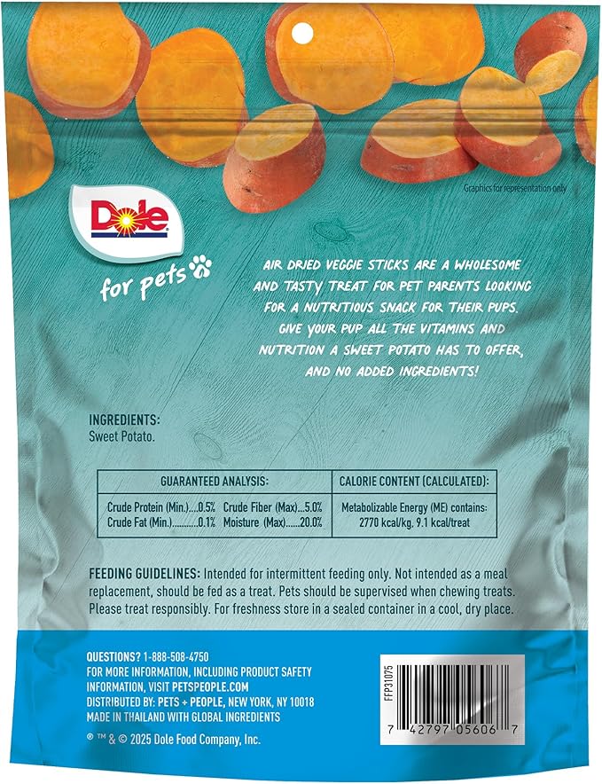 Dole for Pets Air Dried Sweet Potato Dog Treats, Single Ingredient Dog Treats Made with Real Sweet Potato, No Wheat, Corn, Soy, Artificial Flavors, Colors, or Preservatives, 6 Oz
