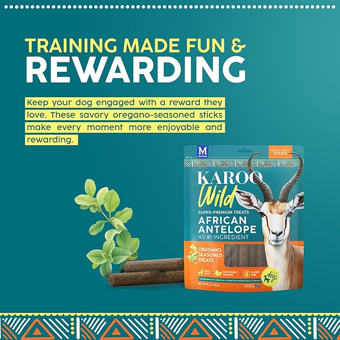 Karoo Wild Sticks Oregano Seasoned Treats for Dogs – 16 oz – Soft & Chewy Protein Sticks Made with African Antelope – Ideal for Training & Rewarding