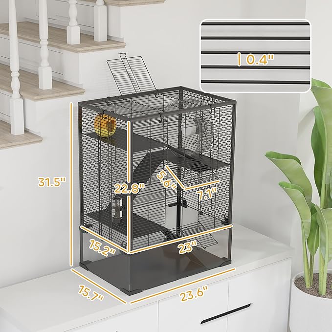 PawHut Large Hamster Cage with 9" Deep Tempered Glass Bottom, 4 Tiers Hamster Tank with Running Wheel, Hut, Water Bottle, Dish, Rat Cage for Syrian, Dwarf, Gerbils, Mouse, 24" x 16" x 31.5", Black