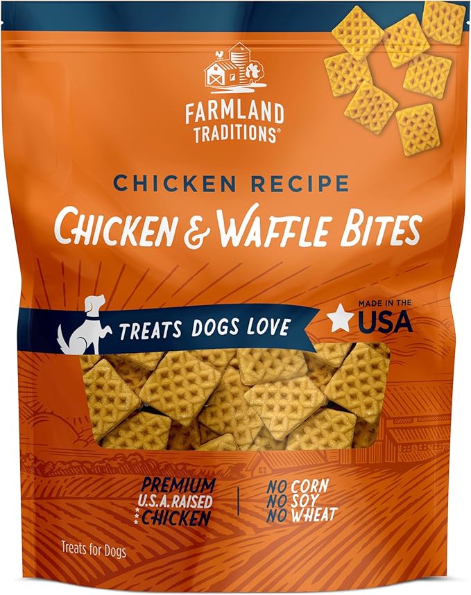 Farmland Traditions Chicken & Waffle Bites, Gluten-Free Dog Treats, Made in USA for All Breeds & Sizes, 1 Pound Bag
