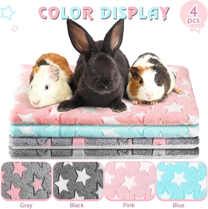 Haull 4 Pcs Waterproof Guinea Pig Bedding Guinea Pig Bed Plush Cage Liners Soft Rabbit Dog Crate Pad Cat Mat Reversible Cozy Animal Pee Pad Hamster Bunny Mat Accessory(Cute Star,13 x 10 Inch)