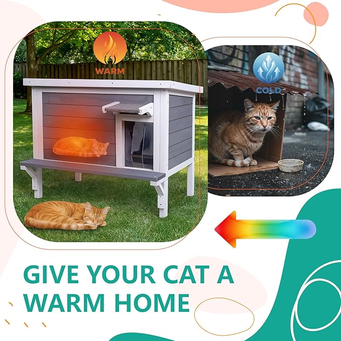 GEGURI Insulated Cat House Outdoor Weatherproof, Large Wooden Feral Cat Shelter for Winter, Wooden Enclosure with Escape Door for Winter Indoor