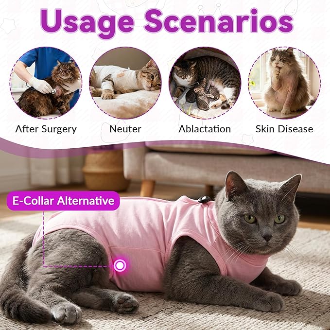 Cat Surgery Recovery Suit Female Medium, Kitten Onesie Bodysuit for Cat After Surgery, Cone of Shame Alternative Suit for Cat Anti Licking Spay Abdominal Wounds Skin Diseases Protection (Pink,M)