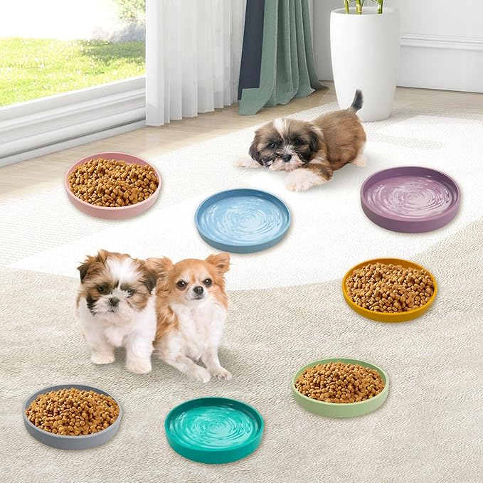 Silicone Dog Bowl Shallow Cat Food Bowls 7" Wide Puppy Plates Whisker Fatigue Pet Feeding Dishes Set of 2 for Dry Food and Wet Food Indoor (Round Yellow)
