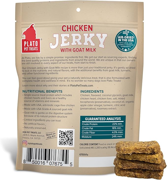 Plato Pet Treats Jerky Dog Treats - Air-Dried Jerky for Dogs - Delicious, Real Meat Dog Treats - Grain Free - Supports Healthy Digestion - Chicken Jerky with Goat Milk 16oz