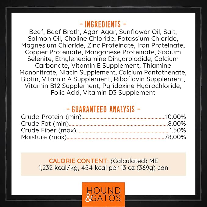Hound & Gatos Wet Dog Food, 98% Real Meat, Single Protein Beef Recipe, High Protein, Supports Digestive Health, Limited Ingredients, Grain Free 13 oz. Cans (Pack of 12)