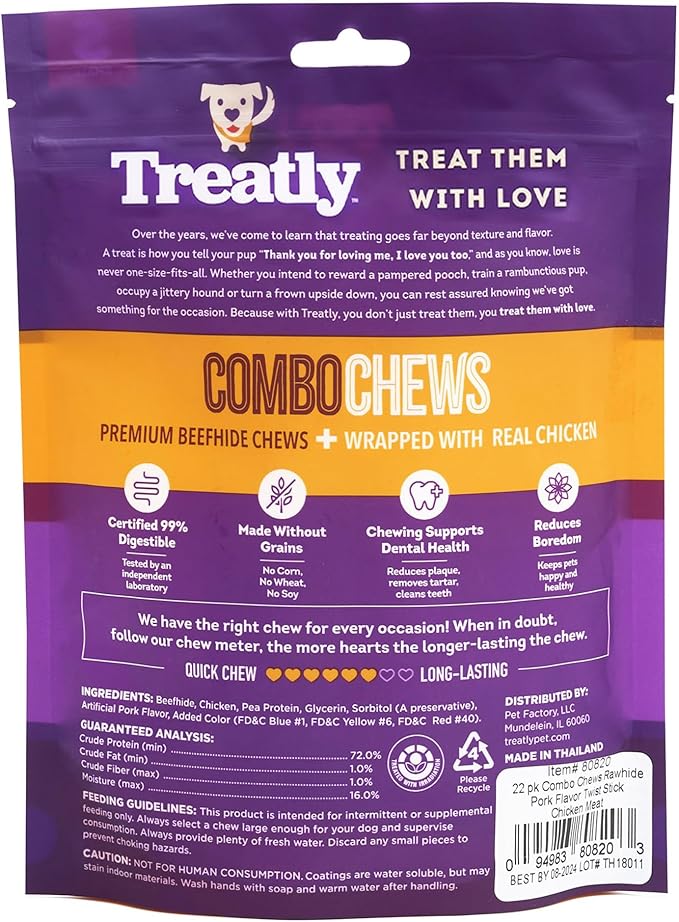 Combo Chews Rawhide/Pork Flavor Rawhide Stick 5" w/Chicken Meat Wrap Dog Chew Treats - 22 Count/1 Pack