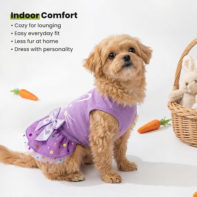 Fitwarm Easter Bunny Dog Dress, Holiday Dog Clothes for Small Dogs Girl, Pet Easter Outfit, Purple, White, Large