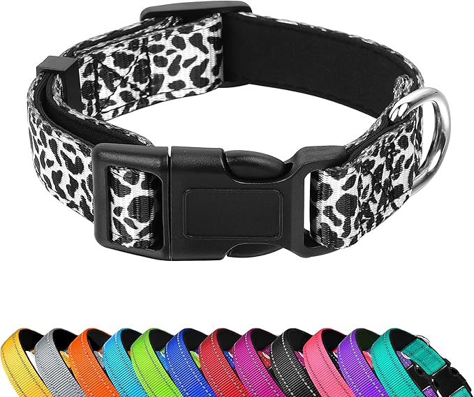 Reflective Dog Collar, Adjustable Soft Neoprene Padded Nylon Pet Collars with Buckle for Puppy and Small Dogs, Cats, Black White Cow,S