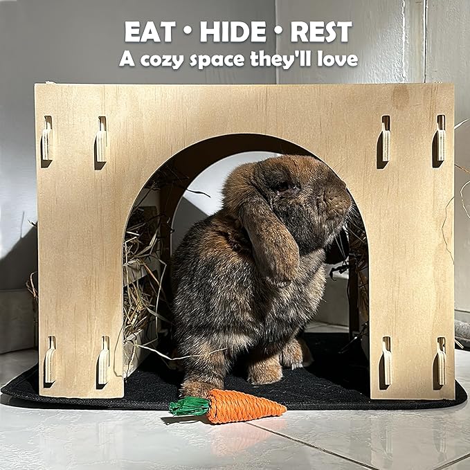 Kiwi&Mora Bunny House Hideout – Rabbit Hideout for Bunnies, Guinea Pigs & Other Pets | Large Indoor Wooden Tunnel Bed with Hay Feeder, Enrichment Toys & Accessories – Easy to Assemble & Clean