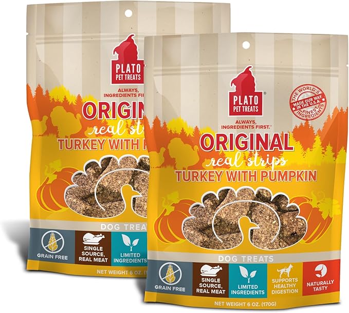 PLATO Pet Treats Real Strips Dog Treats – Turkey & Pumpkin – Air-Dried High Protein Dog Treats – Supports Immunity & Gut Health – Limited Ingredient, No Fillers – Made in USA – 6 oz