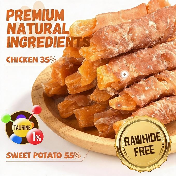 Chicken Jerky Wrapped Sweet Potato Dog Treats w/Taurine, Healthy Dog Snacks Low Fat High Protein, Chewy Training Rewards Treats for Small Medium Large Breeds,10.6 oz, 13-17 Counts
