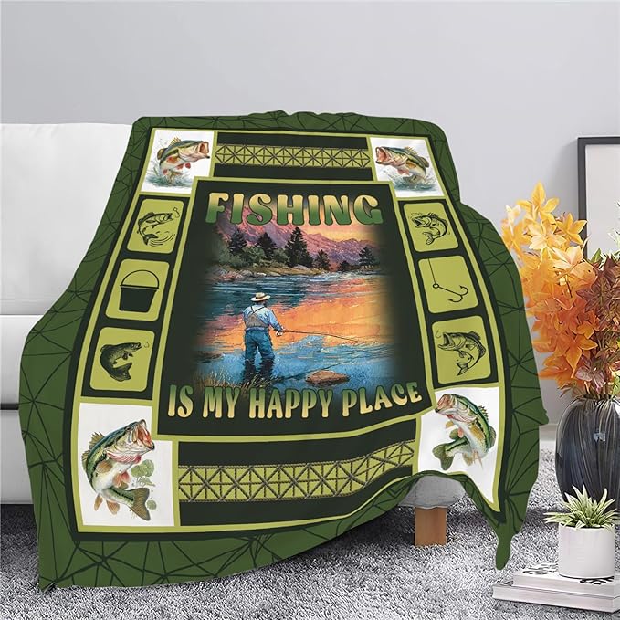 Fish Throw Blanket Fishing Stuff Gifts for Kids Girls Boys Adults Women Men Soft Cozy Warm Plush Fluffy Fuzzy Fleece Blanket Decor 50''X60''